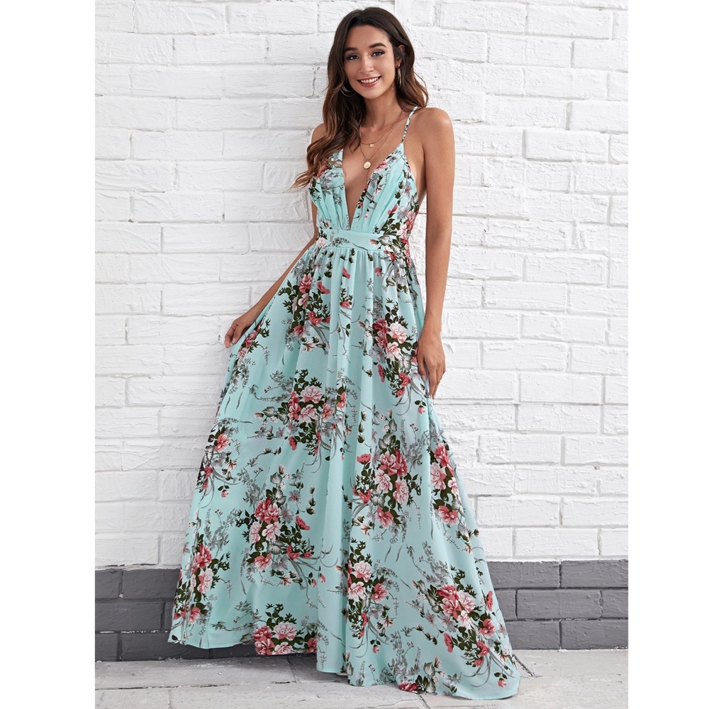 Backless Floral Print Maxi Dress Criss Cross - Picture 8 of 14